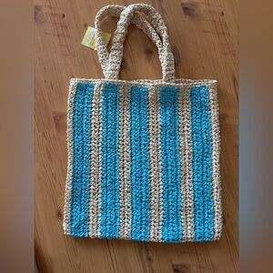 Ashland Paper Woven Blue & Beige Bag 14" x 16.5" NWT